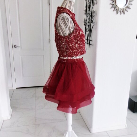 Jodi Kristoper 2 Piece Cropped Skirt Set Cranberry Red Sparkly Formal  11 / M - Picture 13 of 15
